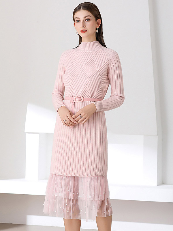 Pink Stand Collar Knitted Midi Dress with Mesh Skirt