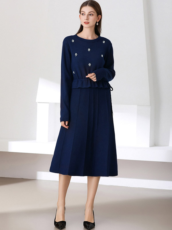 Navy Blue Beading Tie Waist Midi Dress