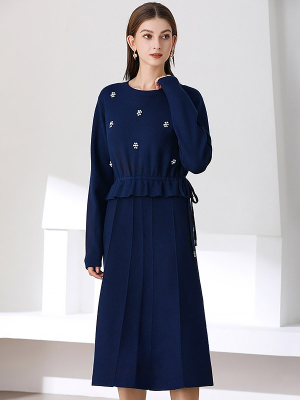 Navy Blue Beading Tie Waist Midi Dress