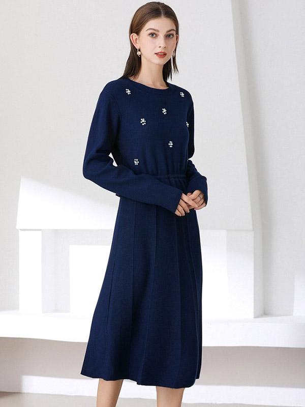 Navy Blue Beading Tie Waist Midi Dress