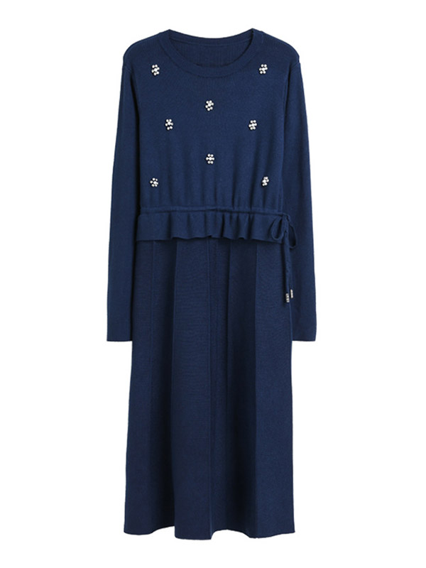 Navy Blue Beading Tie Waist Midi Dress