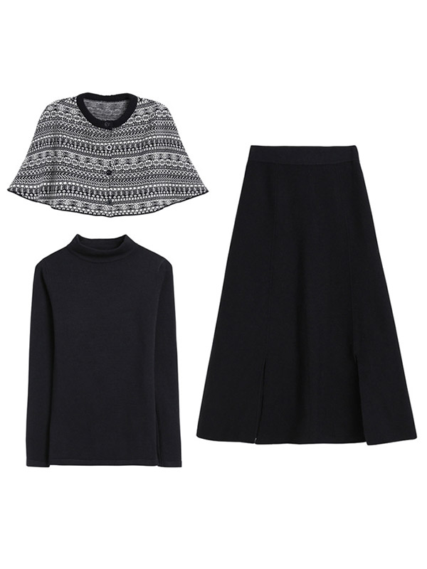 Black Knit Top & Skirt with Cape