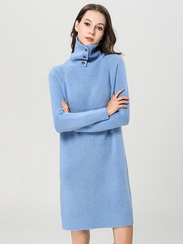 Blue High Neck Shift Knitted Dress