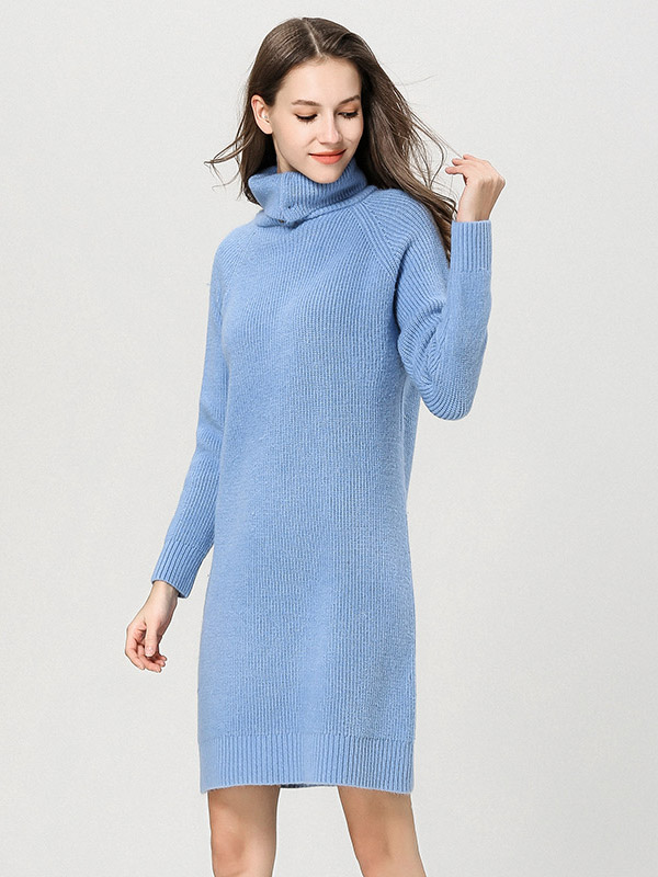 Blue High Neck Shift Knitted Dress