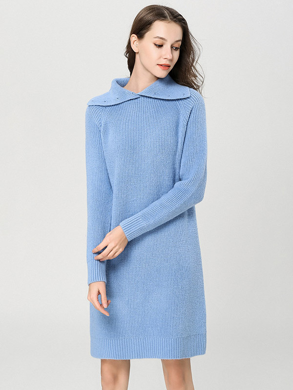 Blue High Neck Shift Knitted Dress