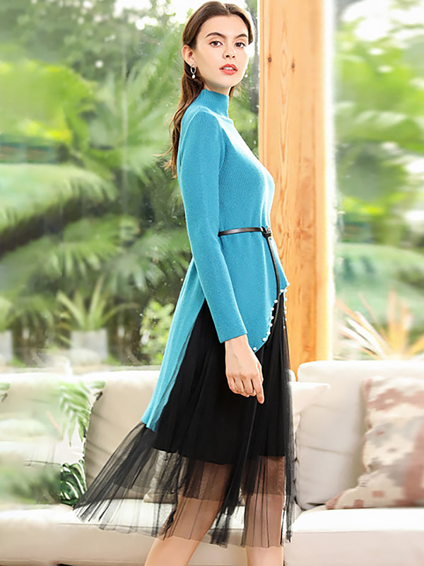 Blue Stand Collar Knit Dress with Black Lace Dress Set