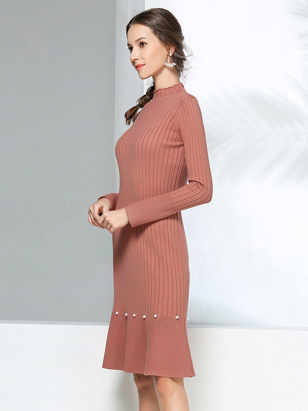 Brick Red Stand Collar Knit Dress with Beading Decoration