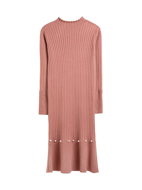 Brick Red Stand Collar Knit Dress with Beading Decoration