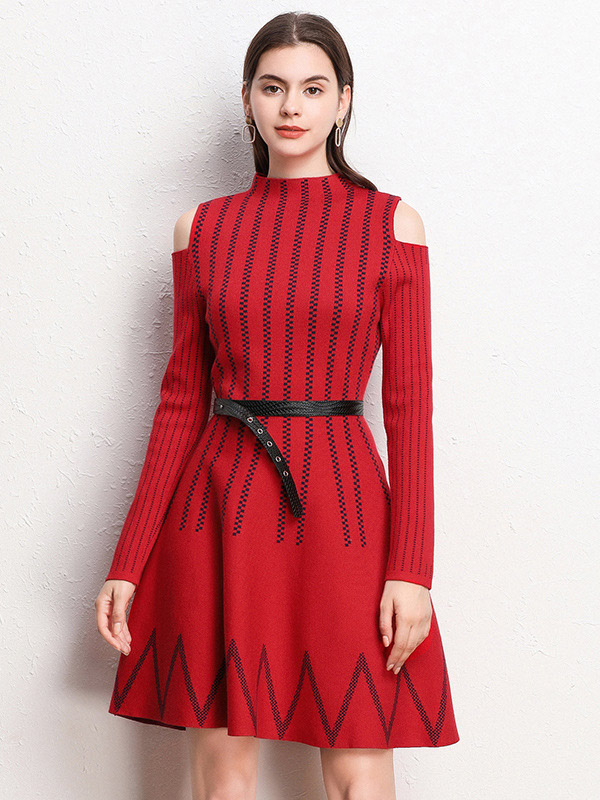 Red Cold Shoulder Striped Midi Dress