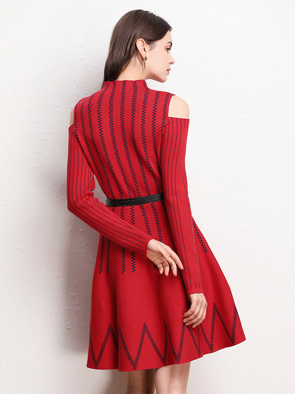 Red Cold Shoulder Striped Midi Dress