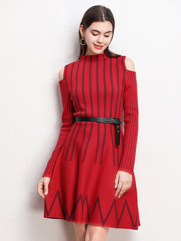 Red Cold Shoulder Striped Midi Dress