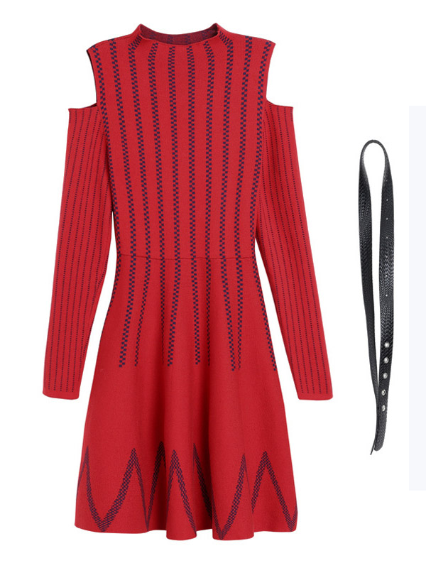 Red Cold Shoulder Striped Midi Dress