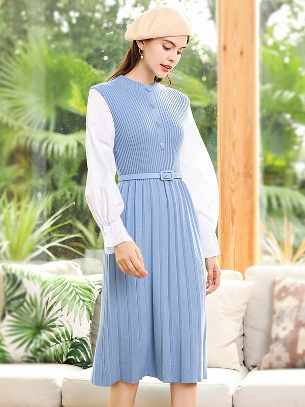 Blue Round Neck A-line Knitted Midi Dress