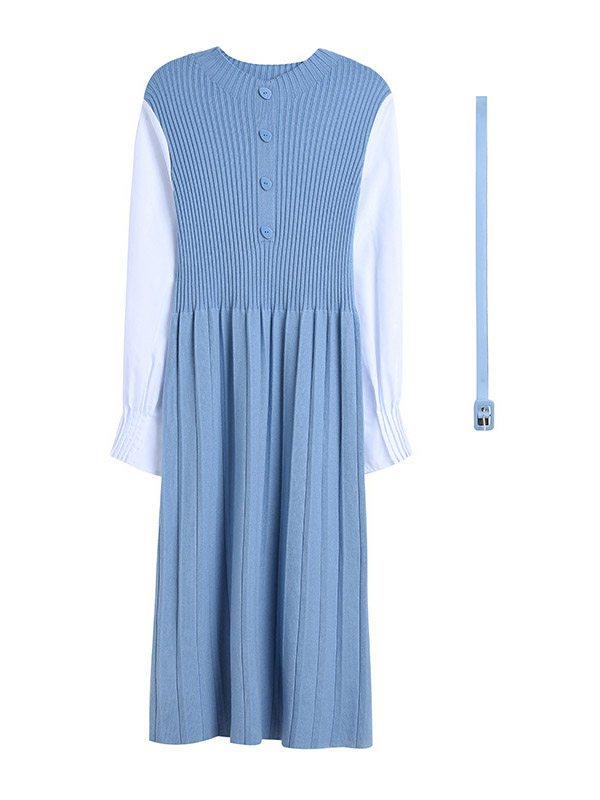 Blue Round Neck A-line Knitted Midi Dress