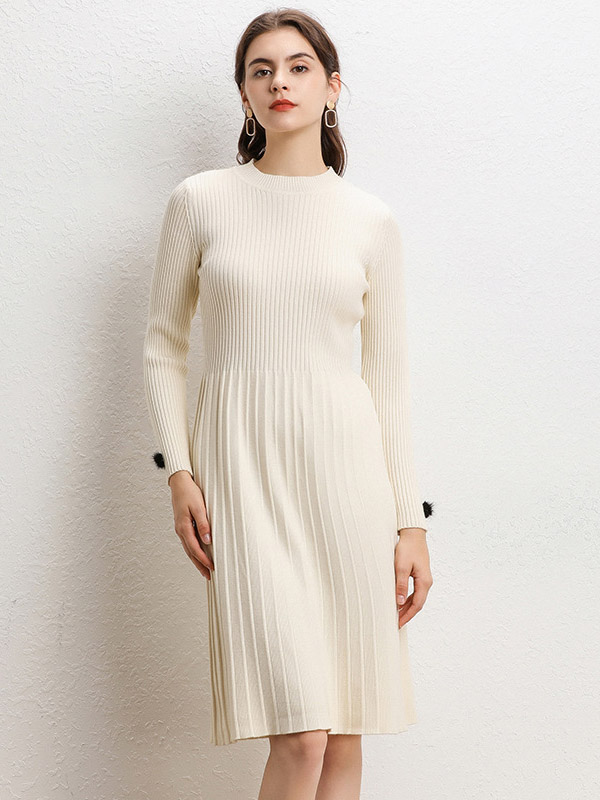 Apricot Round Neck A-line Knit Dress with Knit Top