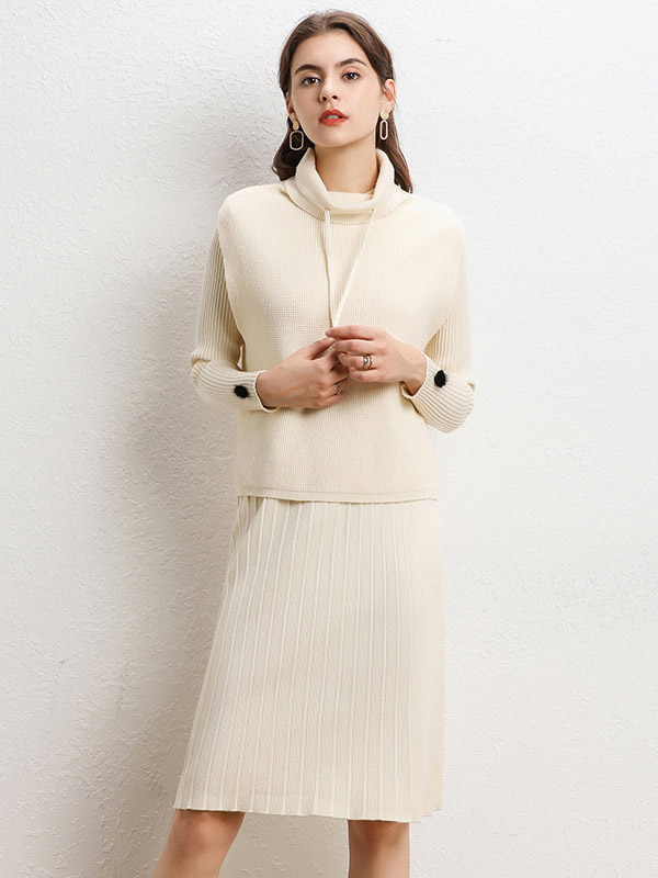 Apricot Round Neck A-line Knit Dress with Knit Top