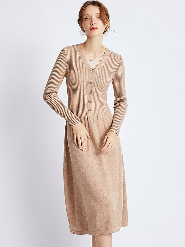 Khaki V Neck A-line Knitted Midi Dress