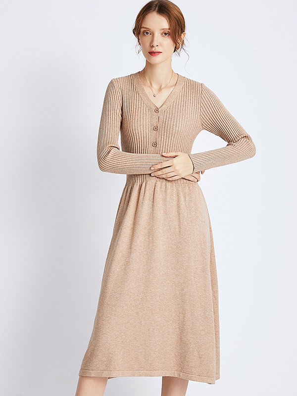 Khaki V Neck A-line Knitted Midi Dress