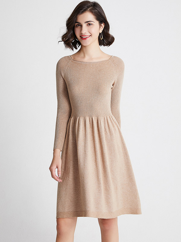 Khaki Boat Neck Knit Skater Dress