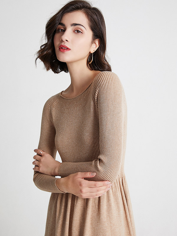 Khaki Boat Neck Knit Skater Dress