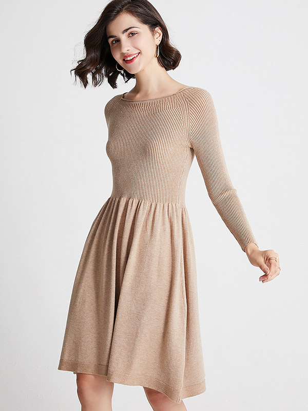 Khaki Boat Neck Knit Skater Dress