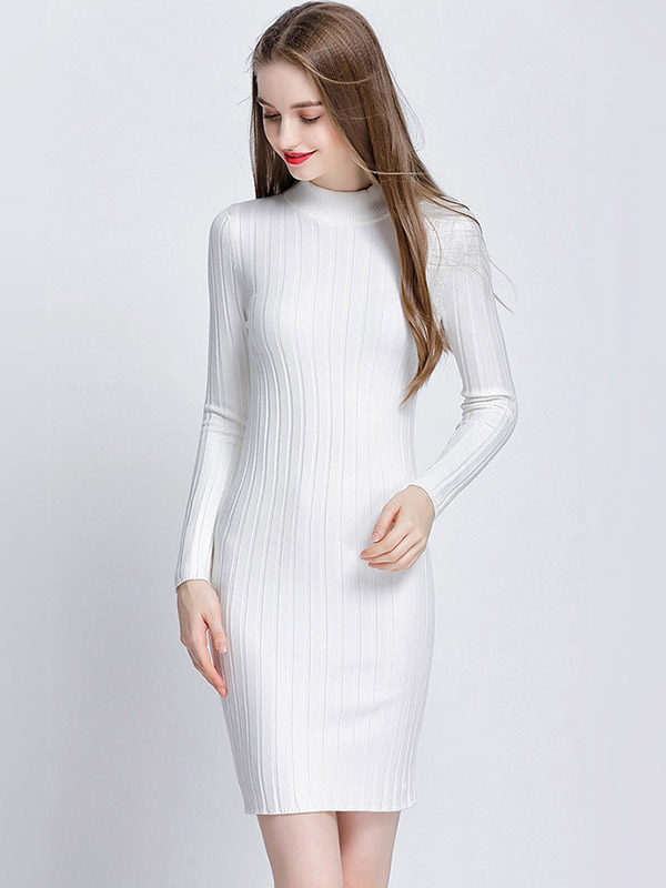 White Stand Collar Knit Bodycon Dress