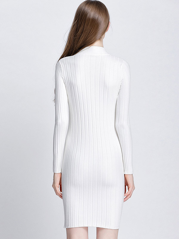 White Stand Collar Knit Bodycon Dress