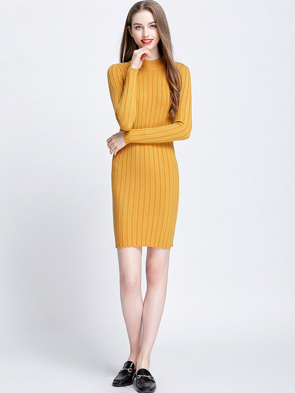 Yellow Stand Collar Knit Bodycon Dress