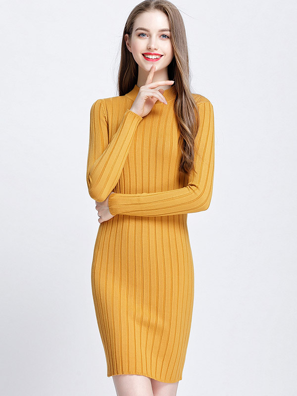 Yellow Stand Collar Knit Bodycon Dress