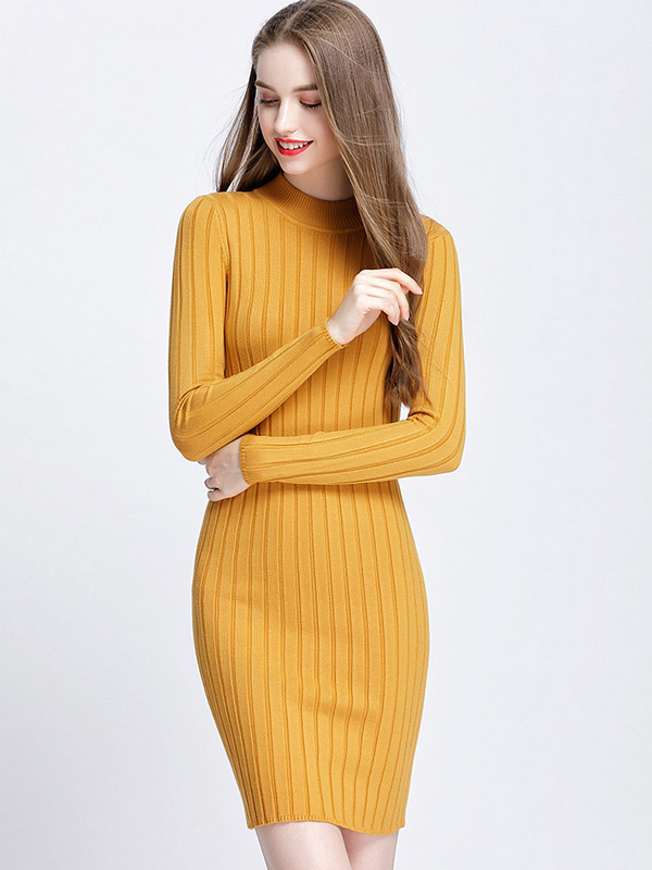 Yellow Stand Collar Knit Bodycon Dress