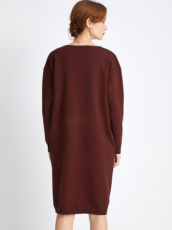 Burgundy V-neck Knitted Shift Dress