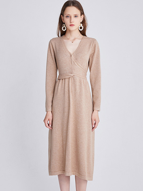 Khaki V-neck Tie Waist Midi Dress