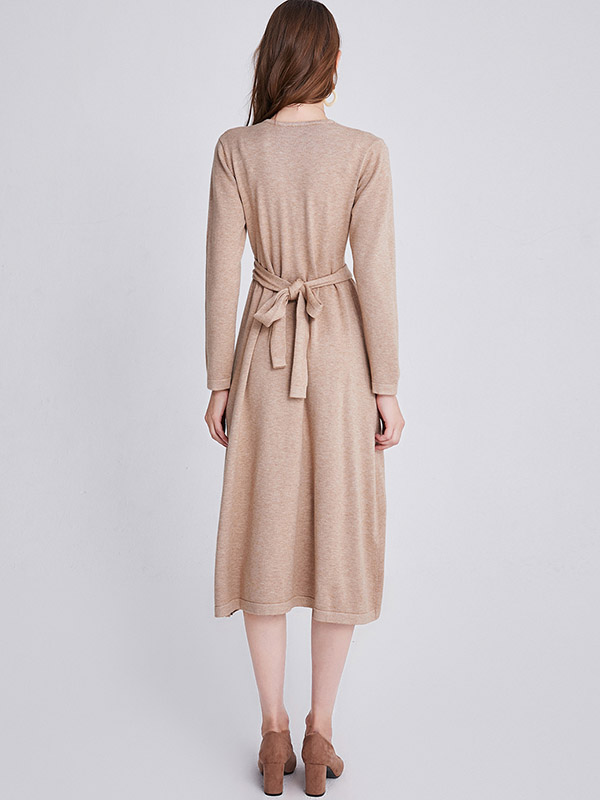 Khaki V-neck Tie Waist Midi Dress