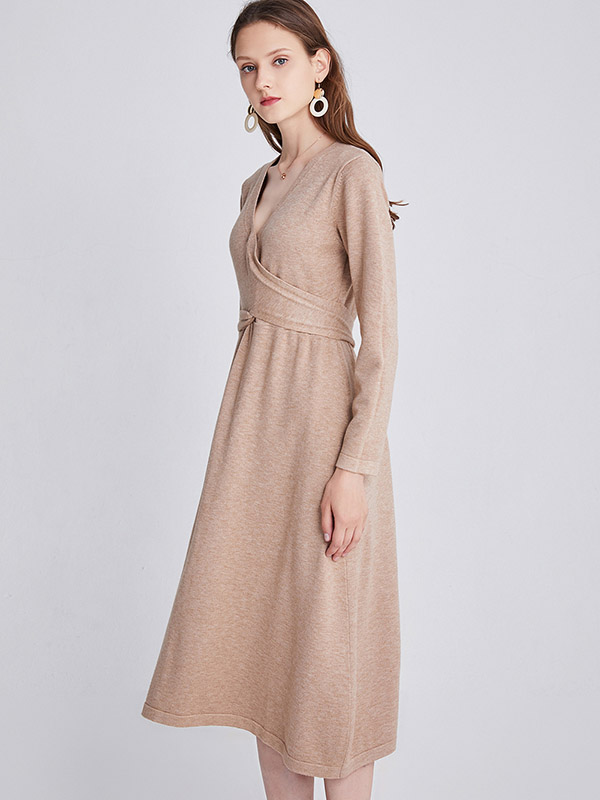 Khaki V-neck Tie Waist Midi Dress