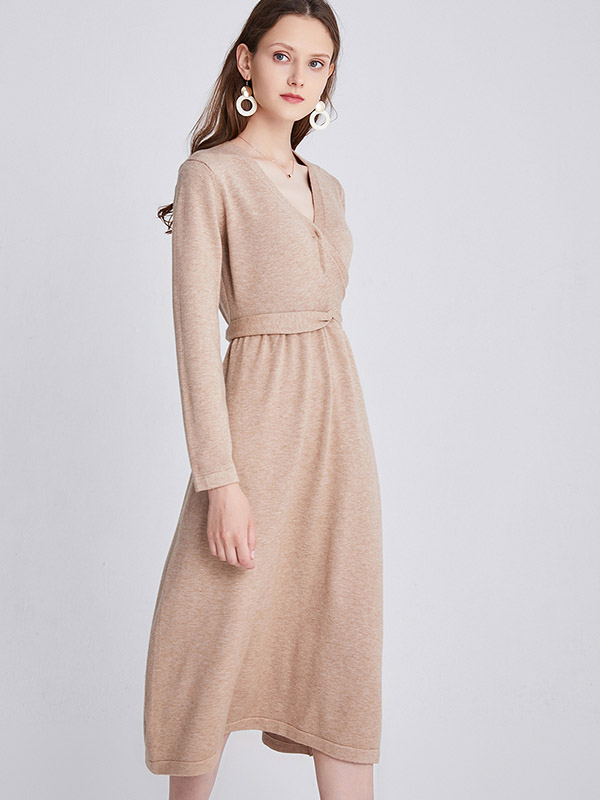 Khaki V-neck Tie Waist Midi Dress