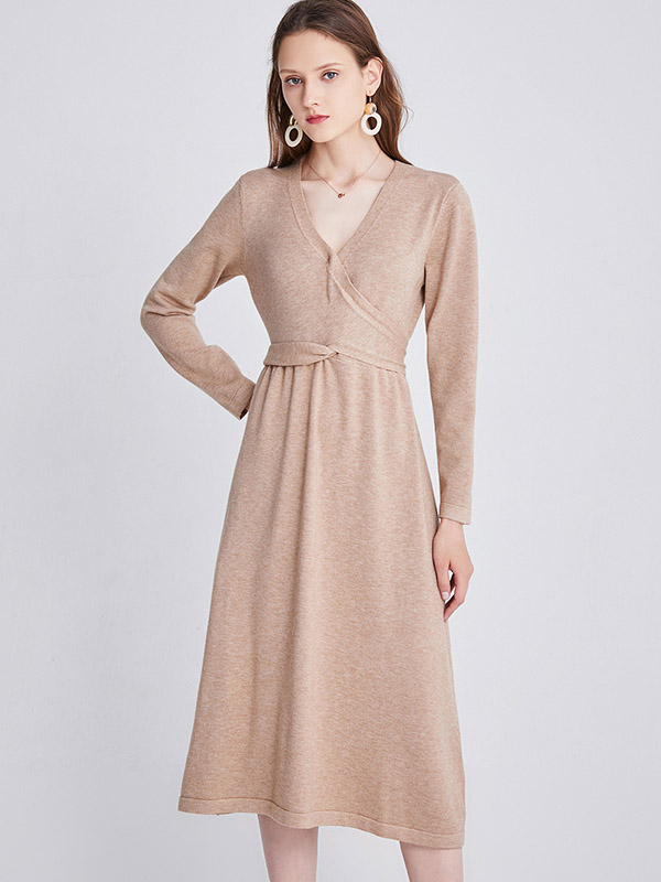 Khaki V-neck Tie Waist Midi Dress