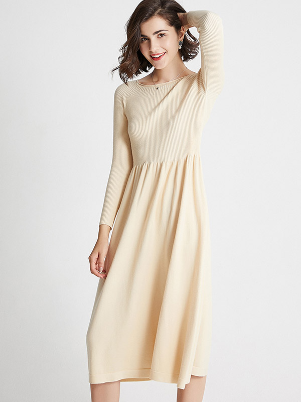 Apricot Boat Neck A-line Knit Dress