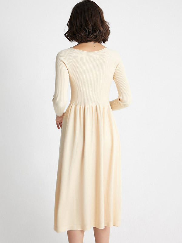 Apricot Boat Neck A-line Knit Dress