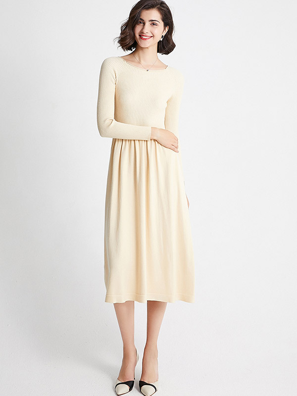 Apricot Boat Neck A-line Knit Dress