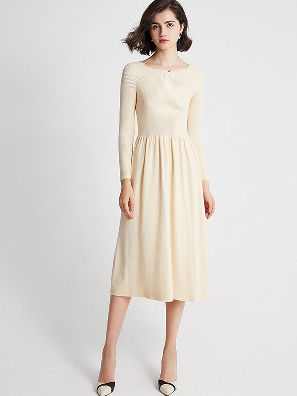 Apricot Boat Neck A-line Knit Dress