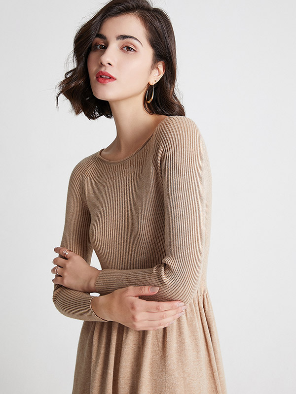 Khaki Boat Neck A-line Knit Dress