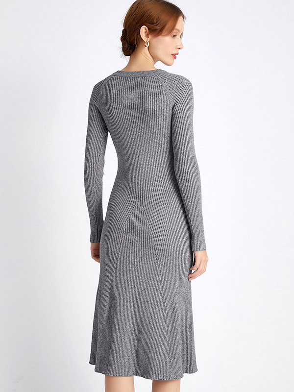 Grey Round Neck Ribbed Style Midi Dress