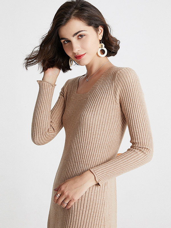 Khaki Square Neck Ribbed Style Midi Dress