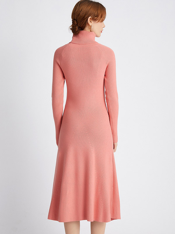 Pink Roll Neck Ribbed A-line Midi Dress