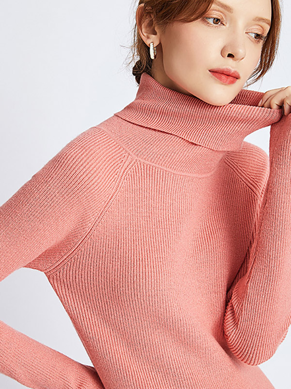 Pink Roll Neck Ribbed A-line Midi Dress