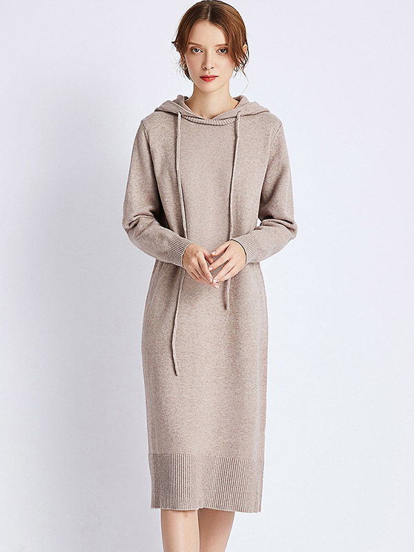 Khaki Hooded Knitted Midi Dress