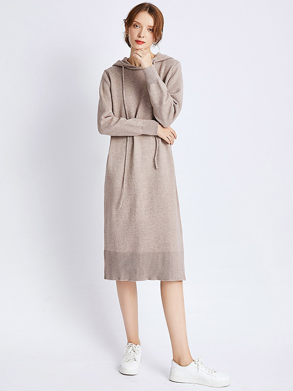 Khaki Hooded Knitted Midi Dress