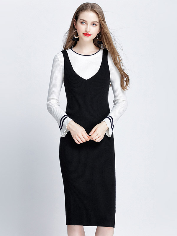 Black V-Neck Vest Knit Dress