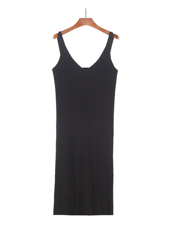 Black V-Neck Vest Knit Dress