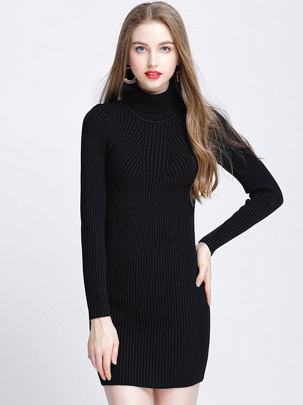 Black Roll Neck Ribbed Style Knit Mini Dress